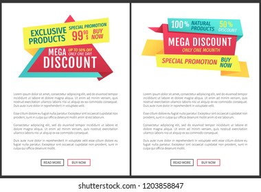 Exclusive mega discounts posters set. Special promotions with recommended goods super sales and month reduction of prices. Deals and proposals vector
