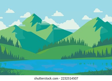 Exclusive nature landscape illustration. Premium colorful abstract background with dynamic shadow, consisting of hills, lake, desert, sun, gradient color, artistic texture, epic mountains, beautiful