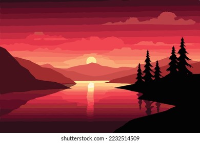 Exclusive nature landscape illustration. Premium colorful abstract background with dynamic shadow, consisting of hills, lake, desert, sun, gradient color, artistic texture, epic mountains, beautiful