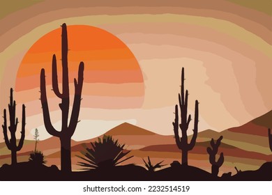 Exclusive nature landscape illustration. Premium colorful abstract background with dynamic shadow, consisting of hills, lake, desert, sun, gradient color, artistic texture, epic mountains, beautiful