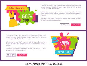 Exclusive offer 55 % best sale 70% off promo price premium quality hot sale set of web posters summer mode apparels dresses and trousers vector banners