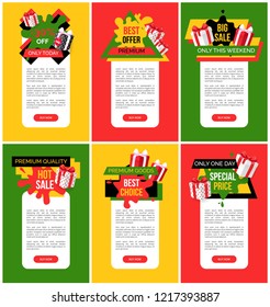 Exclusive offer 55 percent off price web pages vector. Shops sellout with coupons and discounts, special offers and proposals on goods, business deal