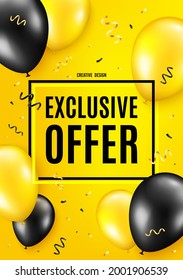 Exclusive offer. Balloon celebrate background. Sale price sign. Advertising discounts symbol. Birthday balloon background. Celebrate yellow banner. Party frame message. Vector