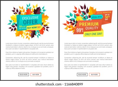 Exclusive offer only one day posters set with text sample. Autumn reduction of prices seasonal proposition. Premium discounts off and quality vector