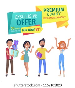 Exclusive offer and premium quality natural product ribbons and people happy of shopping. Man with pile of bags client with gift box and ladies vector