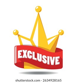 Exclusive offer or product. Lettering on banner around gold crown. Vector on transparent background