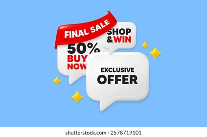 Exclusive offer speech bubbles. Final sale flag ribbon. Exclusive offer tag. Sale price sign. Advertising discounts symbol. Discount chat bubbles with 3d sparkles. Vector