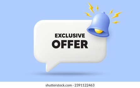 Etiqueta de oferta exclusiva. Banner de burbuja de voz 3d con campana. Señal de precio de venta. Símbolo de descuentos publicitarios. Mensaje exclusivo de discurso de chat de oferta. 3d ofrecer un diálogo. Vector