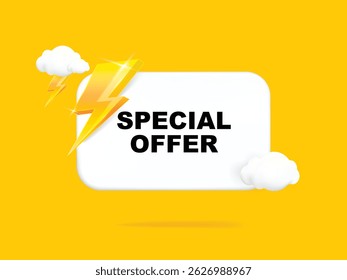 Marca de oferta exclusiva. Banner de balão de fala 3d com energia elétrica. Sinal de preço de venda. Símbolo de descontos de publicidade. Mensagem exclusiva de fala de bate-papo de oferta. Caixa de conversação de oferta 3d.