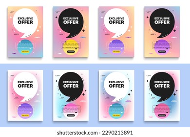 Etiqueta de oferta exclusiva. Marco del afiche con cita. Señal de precio de venta. Símbolo de descuentos publicitarios. Mensaje de volante de oferta exclusiva con coma. Afiches de fondo de desenfoque degradado. Vector