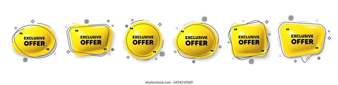 Etiqueta de oferta exclusiva. Conjunto de iconos de burbuja de voz 3d. Signo de precio de venta. Símbolo de descuentos publicitarios. Mensaje de chat de oferta exclusiva. Banners de burbuja de voz con coma. Globos de texto. Vector