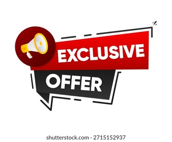 Marca de oferta exclusiva. Faixa de balão de fala com megafone. Sinal de preço de venda. Mensagem de fala de oferta exclusiva. Ilustração vetorial.
