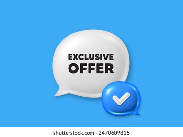 Etiqueta de oferta exclusiva. Iconos 3d de burbuja de voz de cuadro de texto. Signo de Precio de venta. Símbolo de descuentos publicitarios. Oferta exclusiva de chat. Anuncio de burbuja de voz. Globo de cuadro de texto. Vector