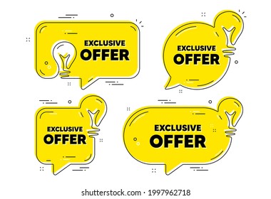 Exclusive offer text. Idea yellow chat bubbles. Sale price sign. Advertising discounts symbol. Exclusive offer chat message banners. Idea lightbulb balloons. Vector