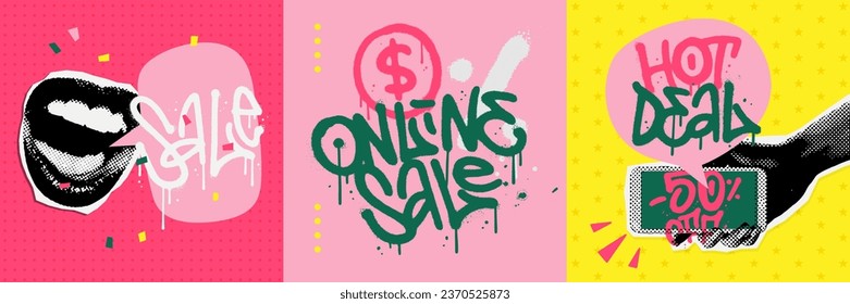 Exclusive online sale banners set in 90s collage magazine sketch style. Cards with speaking mouth, hand holding phone. Vector halftone illustration with graffiti lettering.