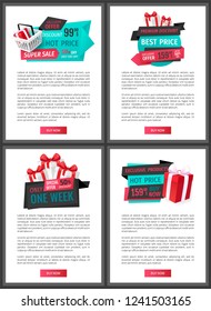 Exclusive product, hot price one week only web vector. Super sale, 50 percent  reduction, premium goods discounts and clearance . Basket with presents