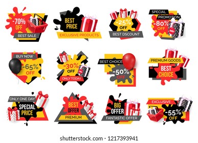 Exclusive products, hot sale discounts offers vector. Basket with gifts boxes, clearance and promotion, exclusive products sellout. Shop proposals