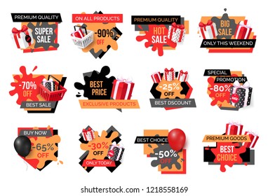 Exclusive products, hot sale discounts offers vector. Basket with gifts boxes, clearance and promotion, exclusive products sellout. Shop proposals