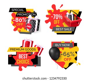 Exclusive products, hot sale discounts offers vector. Basket with gifts boxes, clearance and promotion, exclusive products sellout. Shop proposals