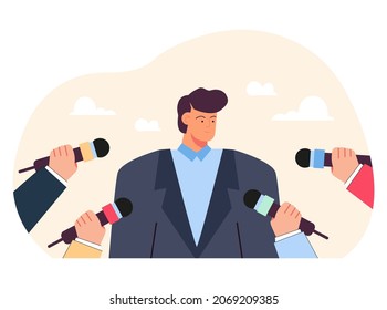 Exclusive public interview of man talking to microphone. Hands of reporters holding mics, recording opinion or comments flat vector illustration. television, mass media interview, journalism concept