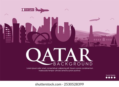 Exklusiver Qatar Nationalfeiertag 18. Dezember 2024 Hintergrund mit Sehenswürdigkeiten der Stadt Doha und Katara Towers Illustration. Das Beste für Katar Hintergrund, Banner, Veranstaltungen, Tourismus, Kalender.Vektorgrafik. 