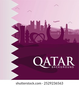 Dia Nacional Exclusivo do Catar 2024 Fundo com o horizonte da cidade de Doha, marcos turísticos e ilustração de turismo. Bela Ilustração de Vetor de Fundo do Catar. Melhor para o turismo, negócios e eventos do Catar. 