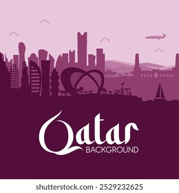 Dia Nacional Exclusivo do Qatar com horizonte da cidade de Doha, monumentos famosos e ilustração do deserto. Bela Ilustração de Vetor de Fundo do Catar. Melhor para o turismo, negócios e eventos do Catar. 