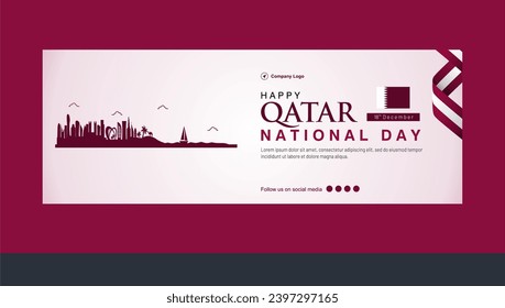 Exklusives Katar National Day Banner mit Skyline und Flagge der Stadt Doha. Fröhliche Katar-Vektorgrafik zum Nationaltag 