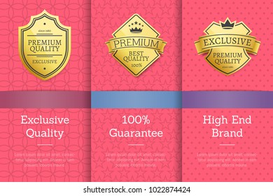 Exclusive quality 100% guarantee high end brand golden labels set award emblems isolated on pink. Vector illustration of gold seal guarantee certificates
