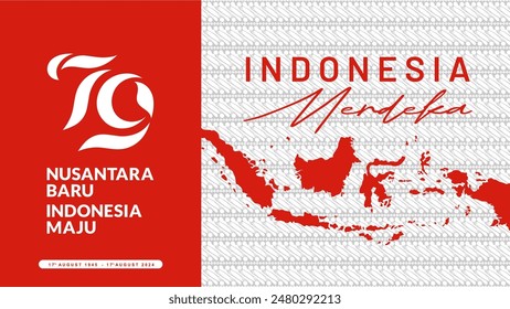 Exclusive red white 79th anniversary  Independence day of Indonesia background with official logo, indonesian map and batik pattern.  Dirgahayu 79 Tahun Republik Indonesia. 79 Tahun Indonesia.  