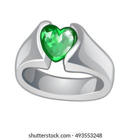 Exclusive ring made of white gold with inlaid green emerald heart shaped isolated on white background. An instance of boutique jewelry. Vector illustration.