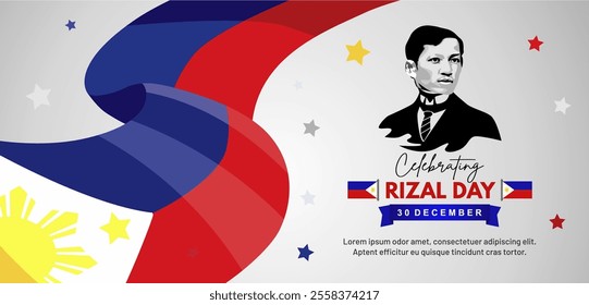 Exclusive Rizal Day Banner with Jose Rizal Face Illustration and Philippines Waving Flag. Vector Illustration