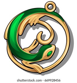 Exclusive round gold pendant in the shape of lizard isolated on white background. An instance of boutique jewelry. Accessories in the style of wild animals. Cartoon vector close-up illustration.