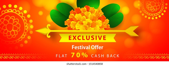 Exclusive Sale Design for Happy Dussehra / Vijayadashami / Ayudh Puja using Arrow, Apta/Bauhinia Racemosa/Bidi Leaf and Flower. Website Banner.