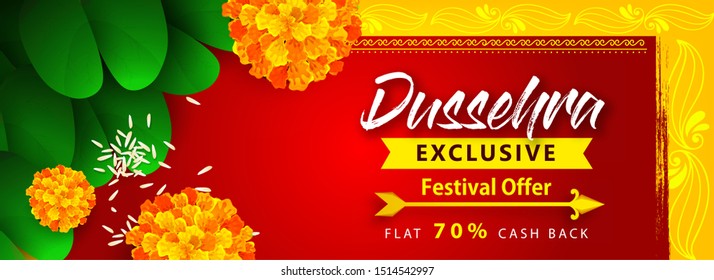 Exclusive Sale Design for Happy Dussehra / Vijayadashami / Ayudh Puja using Arrow, Apta/Bauhinia Racemosa/Bidi Leaf and Flower. Website Banner.