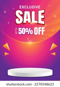 Exclusive Sale social media post with podium and gradient background. Sale promotion social media, Vector design for social media. Up to 50% off, 60% off, 70% off.