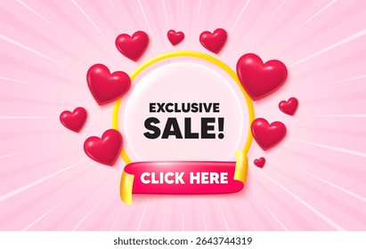 Exclusive sale sunburst ray banner. Click here flag ribbon. Exclusive Sale tag. Special offer price sign. Advertising Discounts symbol. 3d hearts glitter. Red ribbon tag. Discount offer. Vector