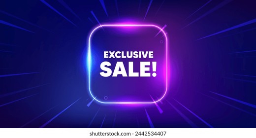 Exclusive Sale tag. Neon light frame box banner. Special offer price sign. Advertising Discounts symbol. Exclusive sale neon light frame message. Vector