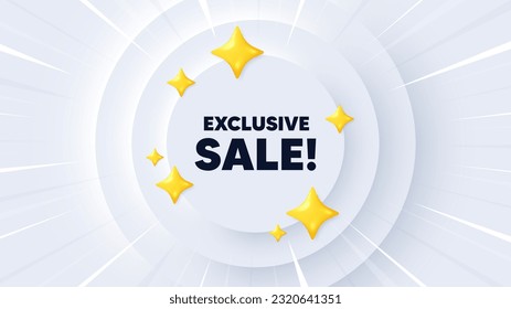 Exclusive Sale tag. Neumorphic banner with sunburst. Special offer price sign. Advertising Discounts symbol. Exclusive sale message. Banner with 3d stars. Circular neumorphic template. Vector