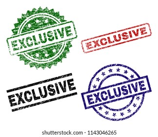EXCLUSIVE seal prints with corroded style. Black, green,red,blue vector rubber prints of EXCLUSIVE title with corroded style. Rubber seals with round, rectangle, medallion shapes.
