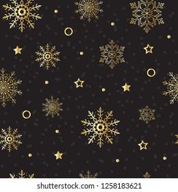 Exclusive seamless pattern of golden snowflakes and stars on a black background. Thin delicate lines silhouettes of different snow elements. New year ornament.
