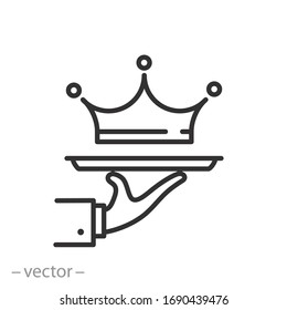 Exclusive Service Icon, Premium Class Offer, Vip Privilege, Crown On A Tray, Thin Line Web Symbol On White Background - Editable Stroke Vector Illustration Eps10