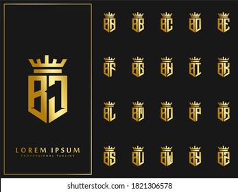 exclusive set of initial B letter with crown elements logo template. luxury gold initial shield shape alphabet vector design stock illustration
