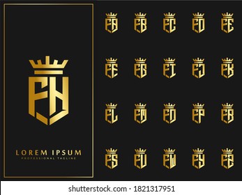 exclusive set of initial F letter with crown elements logo template. luxury gold initial shield shape alphabet vector design stock illustration.