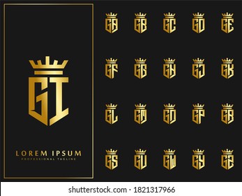 conjunto exclusivo de letra G inicial con plantilla de logotipo de elementos de la corona. ilustración de material de diseño del vector del alfabeto oro de primera forma de escudo de lujo.