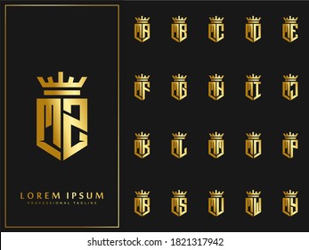 exclusive set of initial M letter with crown elements logo template. luxury gold initial shield shape alphabet vector design stock illustration.