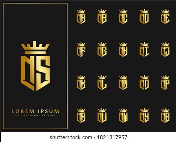 exclusive set of initial N letter with crown elements logo template. luxury gold initial shield shape alphabet vector design stock illustration.