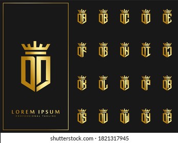 conjunto exclusivo de la letra O inicial con la plantilla de logotipo de elementos de la corona. ilustración de material de diseño del vector del alfabeto oro de primera forma de escudo de lujo.