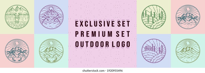 Exclusive Set Outdoor Logo Illustration Design. Premium Set of Modern Line Art Outdoor Logo. Simple Modern Outdoor Logo Collection. Exclusive Collection of Mountain, Hill, Cabin and Beach Logo Design