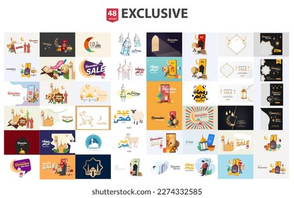 Exclusive set ramadan. Collection of scenes with Ramadan sale, Discount, Delivery, Cashback, Iftar party, Greeting card Ramadan Kareem, and Eid Mubarak,Trendy vector style